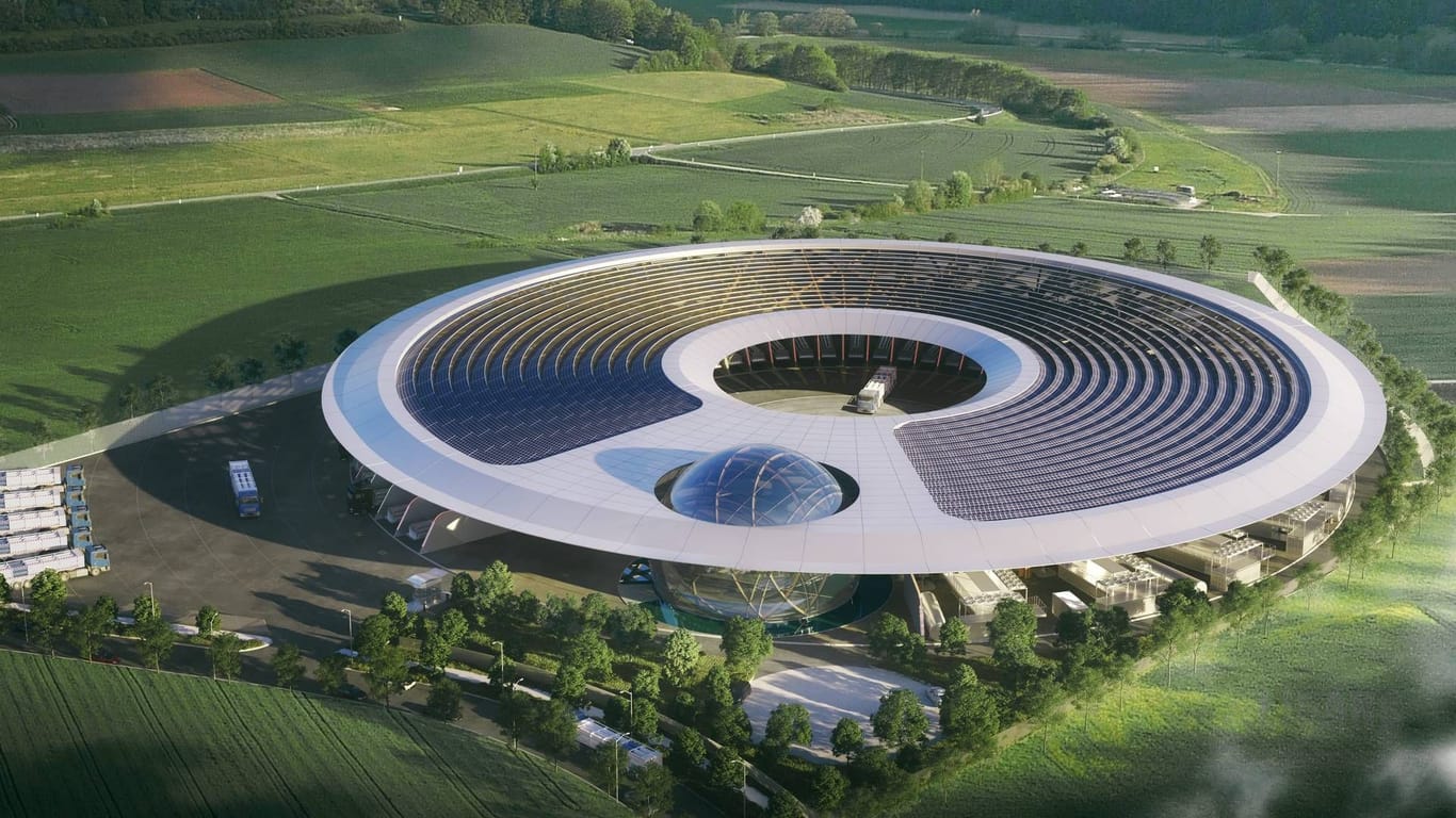 Modell der geplanten ersten Grüner-Wasserstoff-Fabrik Deutschlands: Ein Ufo für die Umwelt.