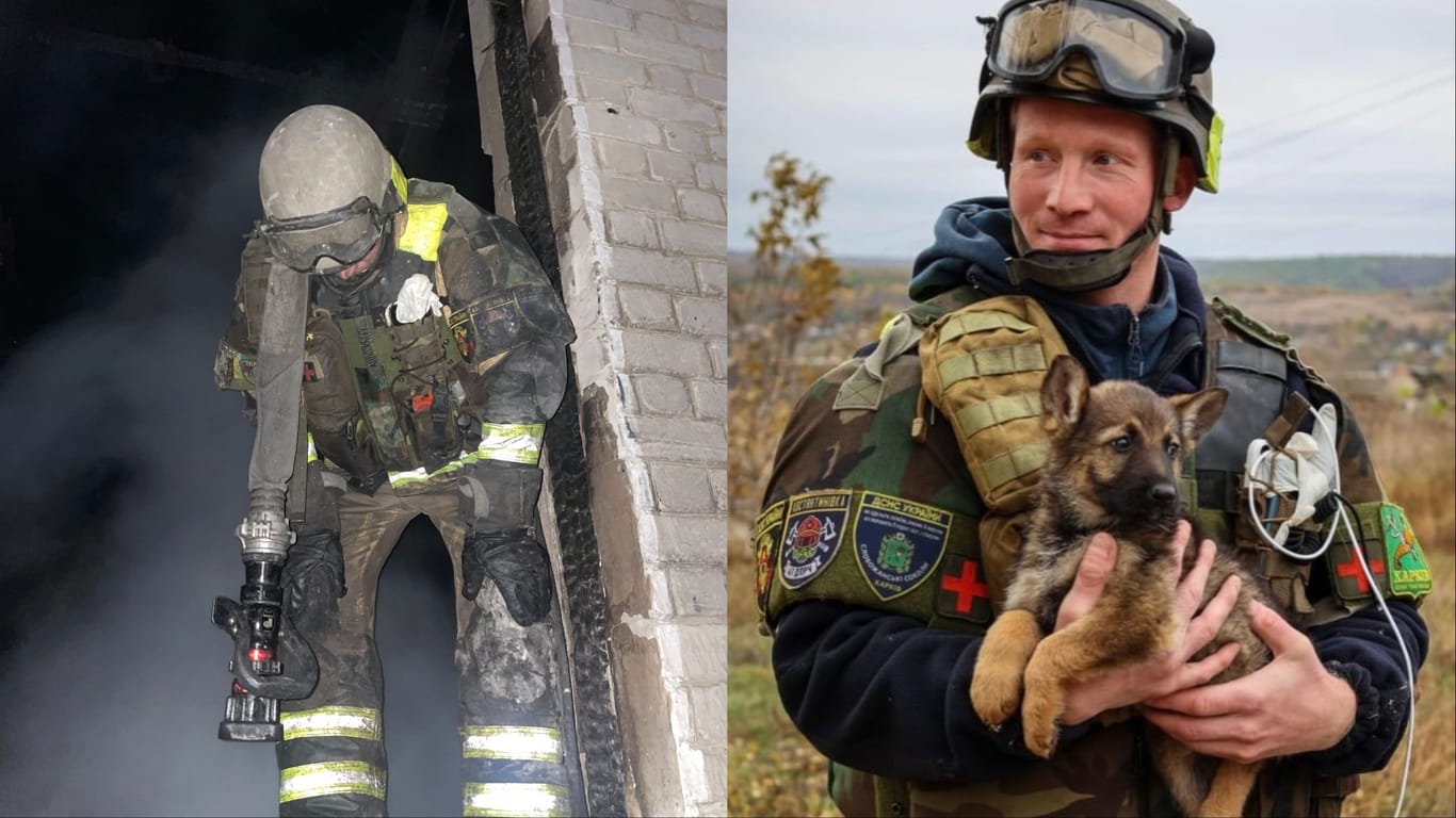 Der Nürnberger Feuerwehrmann Nils Thal in der Ukraine: Vier mal war er dort schon nach Ausbruch des Kriegs im Einsatz.