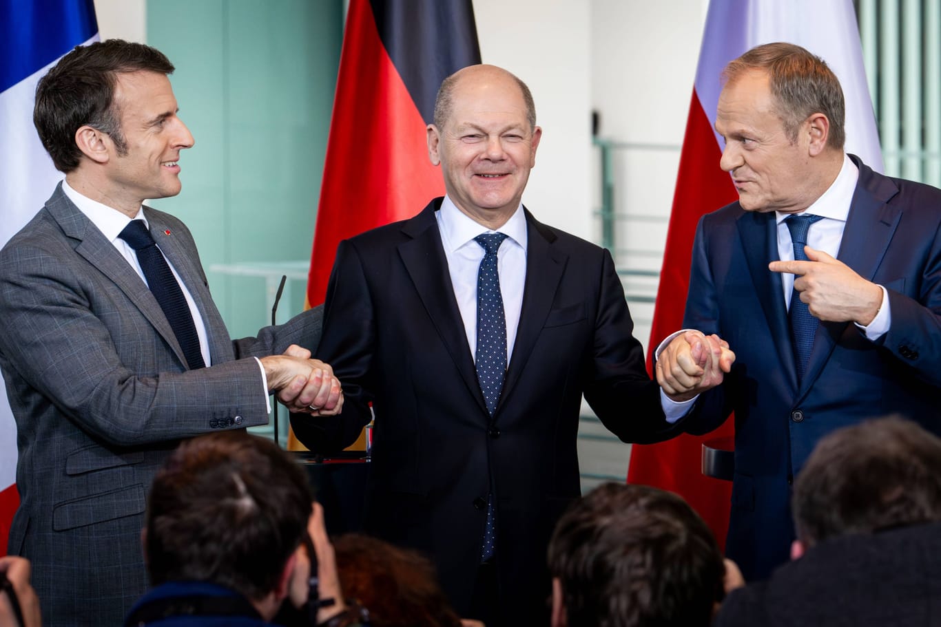 Regierungschefs Macron, Scholz, Tusk vor zwei Wochen im Kanzleramt.