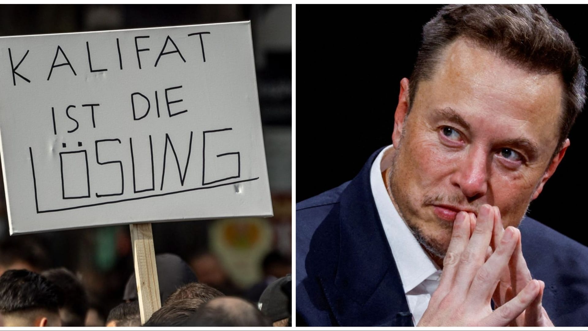 Schild auf der Demo in St. Georg und Elon Musk: Die Geschehnisse dort haben auch ihn erreicht.