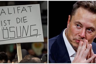 Schild auf der Demo in St. Georg und Elon Musk: Die Geschehnisse dort haben auch ihn erreicht.