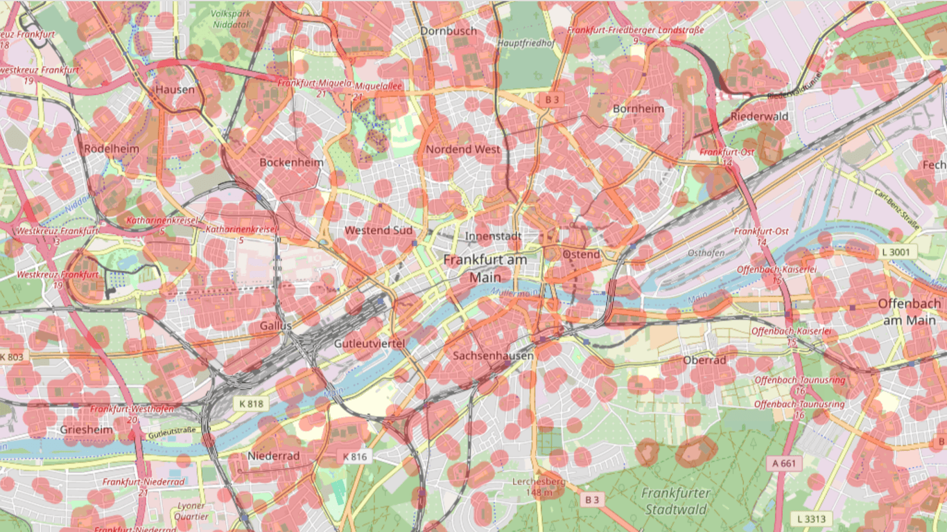 Frankfurter Innenstadt: Hier darf gekifft werden. Die roten Markierungen zeigen wiederum, wo nicht konsumiert werden darf.
