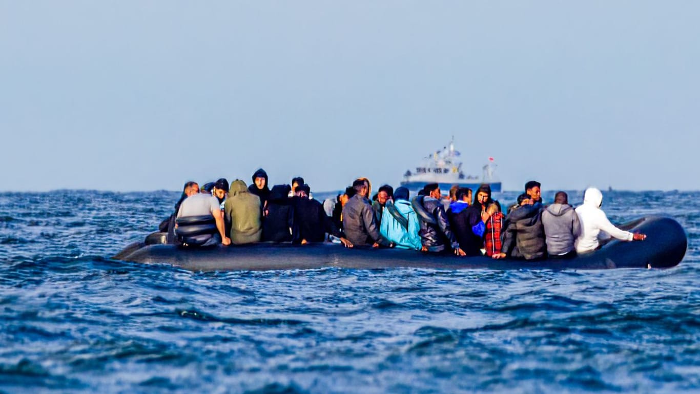 DOVER, UK, JULY 18th 2023. Migrants on a boat crossing the channel between france and UK heading towards the port of Dover.