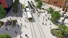 Eine Visualisierung der StUB-Strecke vor den Arcaden in Erlangen: So könnte die Strecke der Drei-Städte-Tram eines Tages aussehen.