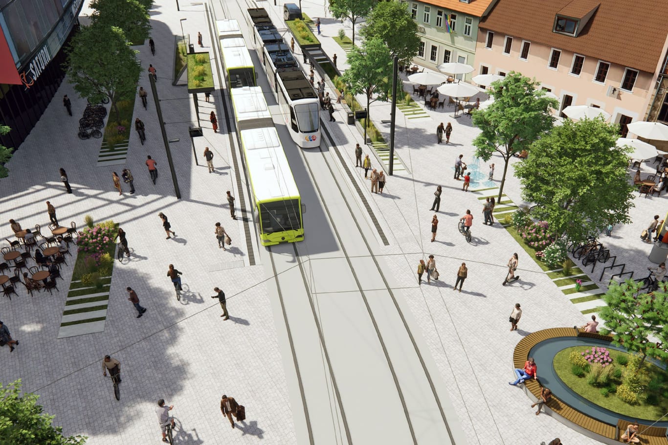 Eine Visualisierung der StUB-Strecke vor den Arcaden in Erlangen: So könnte die Strecke der Drei-Städte-Tram eines Tages aussehen.