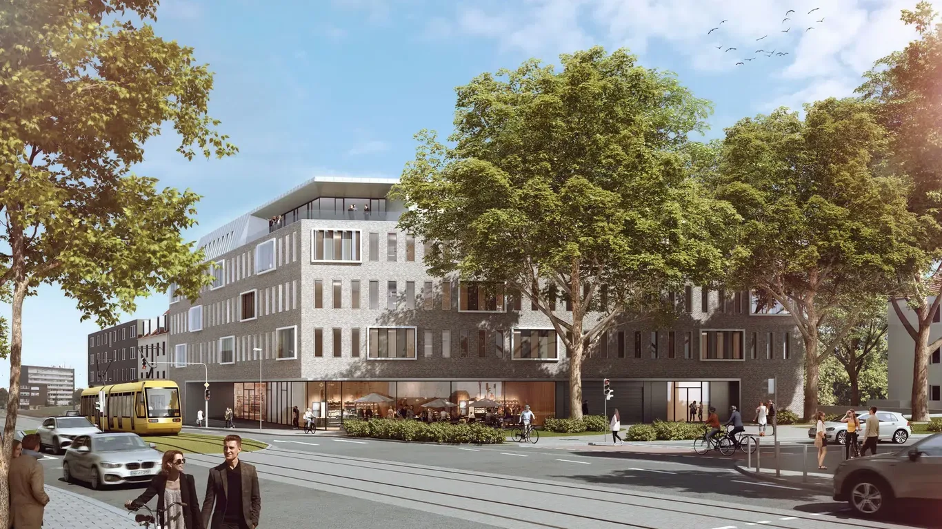 So soll das neue Gebäude auf der Rüttenscheider Straße laut einer Animation aussehen.