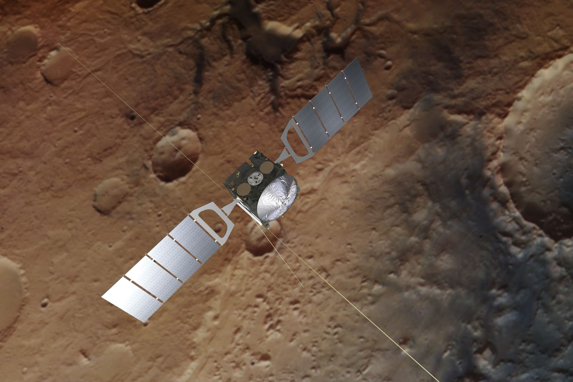 Künstlerische Darstellung der Sonde "Mars Express" vor einem echten Bild der Marsoberfläche: Der Orbiter kreist seit 2004 um den Roten Planeten.