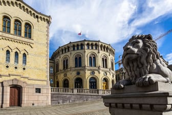 Lions statue outside the Norwegian Parliament building Oslo, Norway