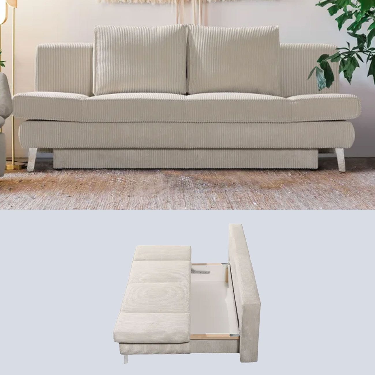 Tagsüber eine Couch lassen sich moderne Schlafsofas zur Nacht in ein Bett mit großer Liegefläche verwandeln. Ein Bettkasten ist ebenfalls vorhanden. (im Bild: Querschläfer Sidney von Restyl)
