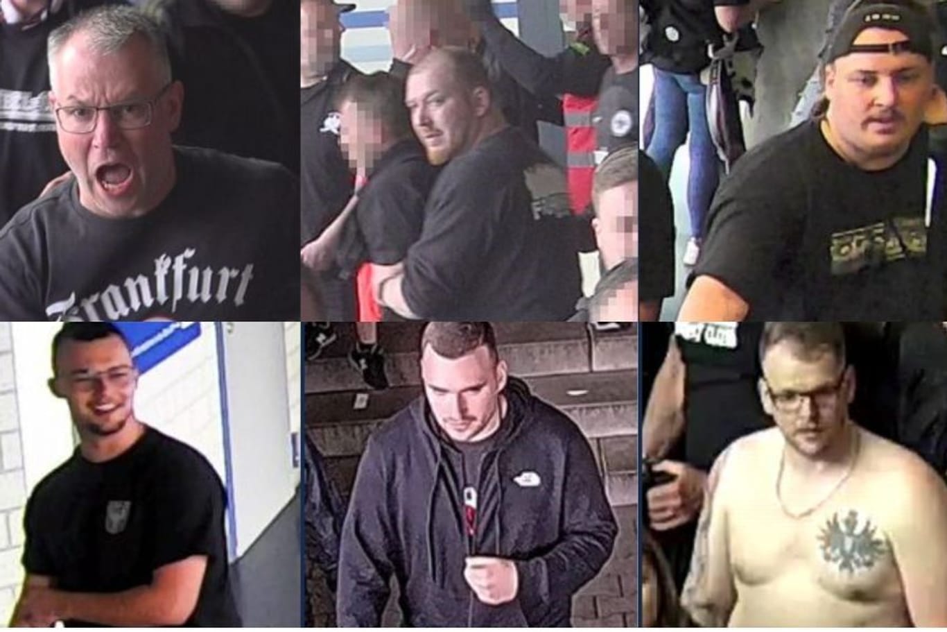 Fahndungsfotos von sechs Eintracht-Hooligans, die nun öffentlich von der Polizei gesucht werden