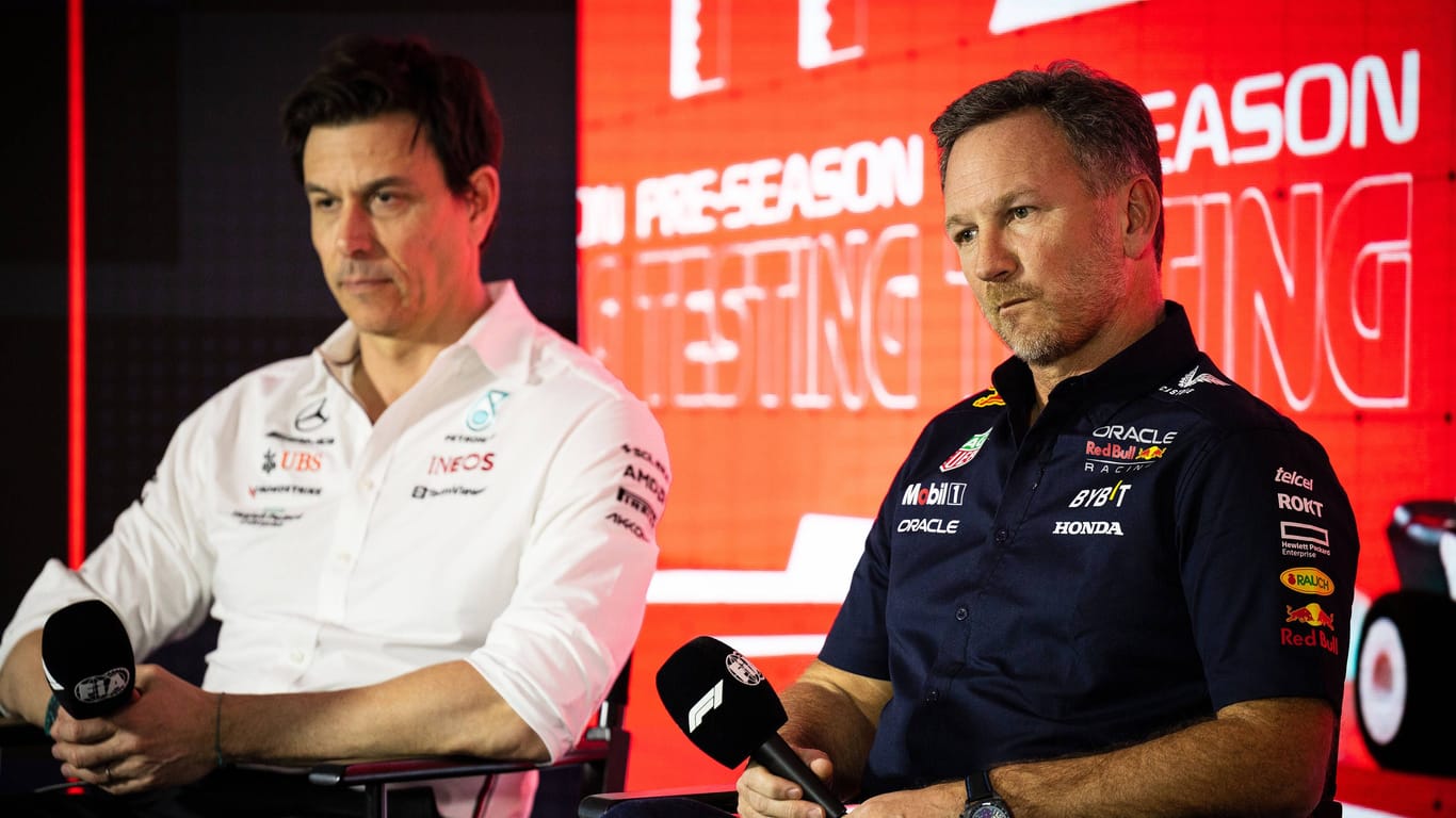 Toto Wolff (links) und Christian Horner: Der Mercedes-Boss versucht Max Verstappen von Red Bull abzuwerben.