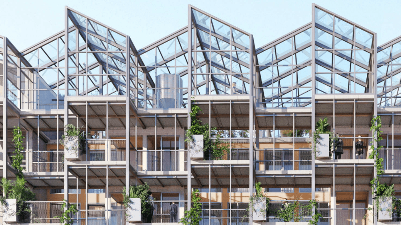 Frontansicht des Wohngewächshauses: Die offene Bauweise soll soziale Interaktion fördern, so eine Idee der Architekten.