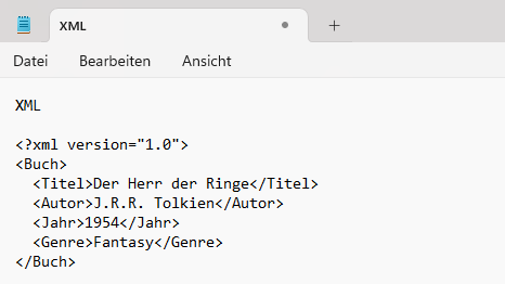 Produktinformationen als XML-Datei: Die Buchbeschreibung von "Der Herr der Ringe" führt die einzelnen Elemente übersichtlich auf.