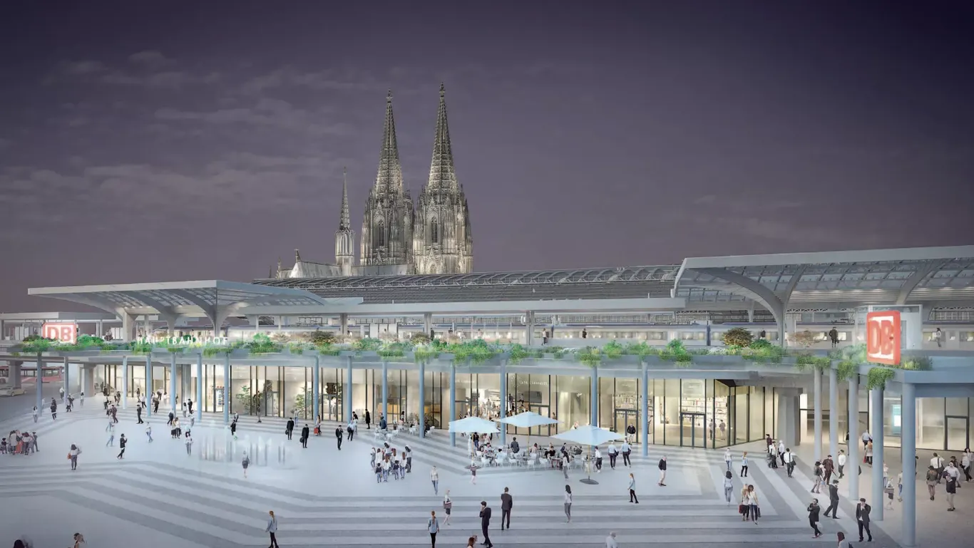So soll der Kölner Hauptbahnhof in Zukunft aussehen: Eine grafische Visualisierung der neuen Fassade am Breslauer Platz mit zwei neuen Gleisen.