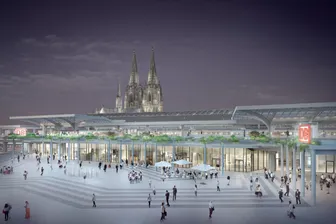 So soll der Kölner Hauptbahnhof in Zukunft aussehen: Eine grafische Visualisierung der neuen Fassade am Breslauer Platz mit zwei neuen Gleisen.