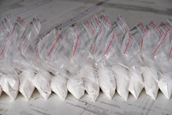 A large number of transparent sachets filled with white powder. White powder packaged in small sachets.
