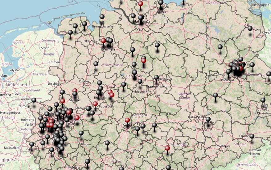 Karte der dokumentierten Gewaltfälle im Jahr 2022 und 2023: Im Ballungsraum NRW sind auffällig viele Gewalt gegen wohnungslose Menschen dokumentiert.