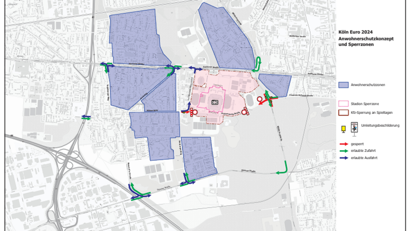 Eine Karte zeigt das Anwohnerschutzkonzept und die Sperrzonen während der EM-Spiele in Köln.