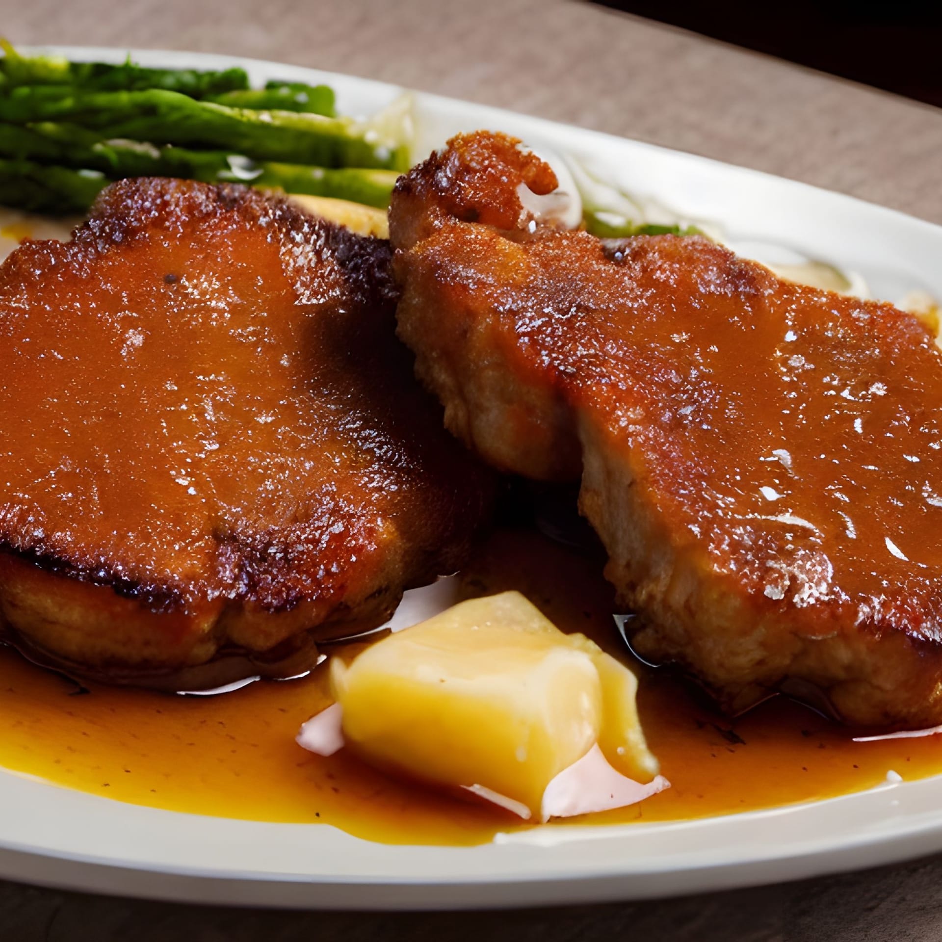 Closeup of schnitzel with sauce on plate