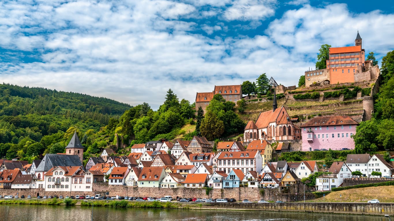 Hirschhorn town and castle on the Neckar river in Hesse, Germany