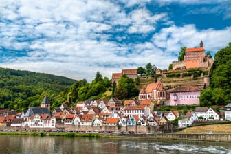Hirschhorn town and castle on the Neckar river in Hesse, Germany