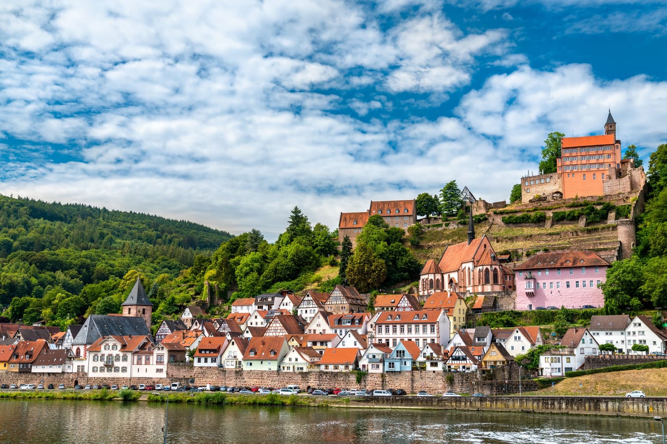 Hirschhorn town and castle on the Neckar river in Hesse, Germany