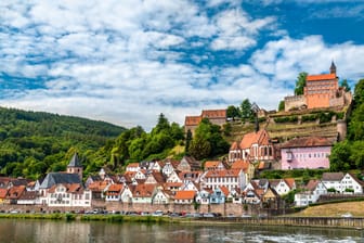 Hirschhorn town and castle on the Neckar river in Hesse, Germany