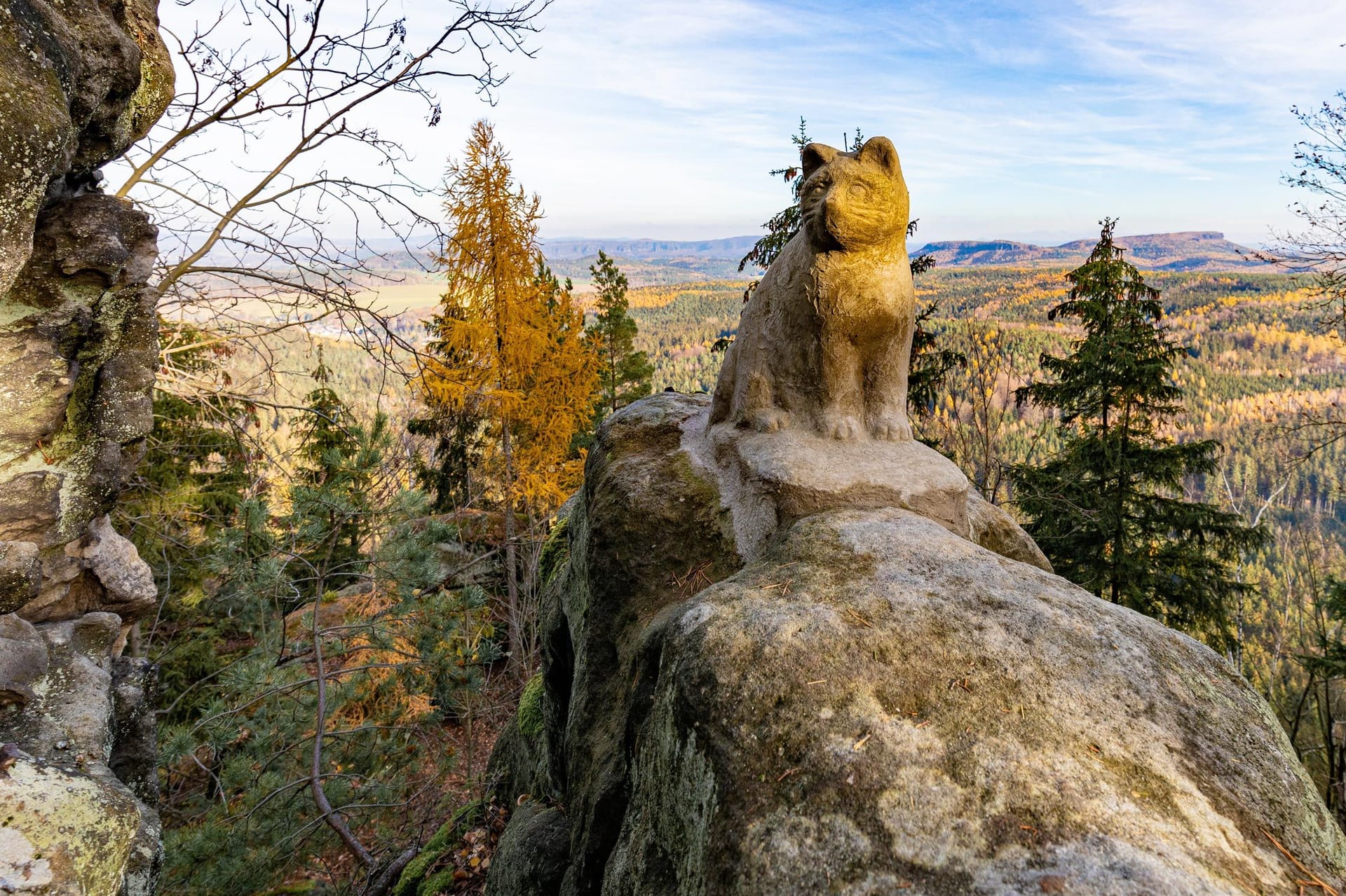 Auf einer Felskanzel wartet seit 2016 eine 50 Zentimeter hohe Katze aus Beton: Das erste Highlight des Rundwanderwegs.