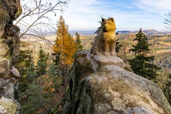 Auf einer Felskanzel wartet seit 2016 eine 50 Zentimeter hohe Katze aus Beton: Das erste Highlight des Rundwanderwegs.