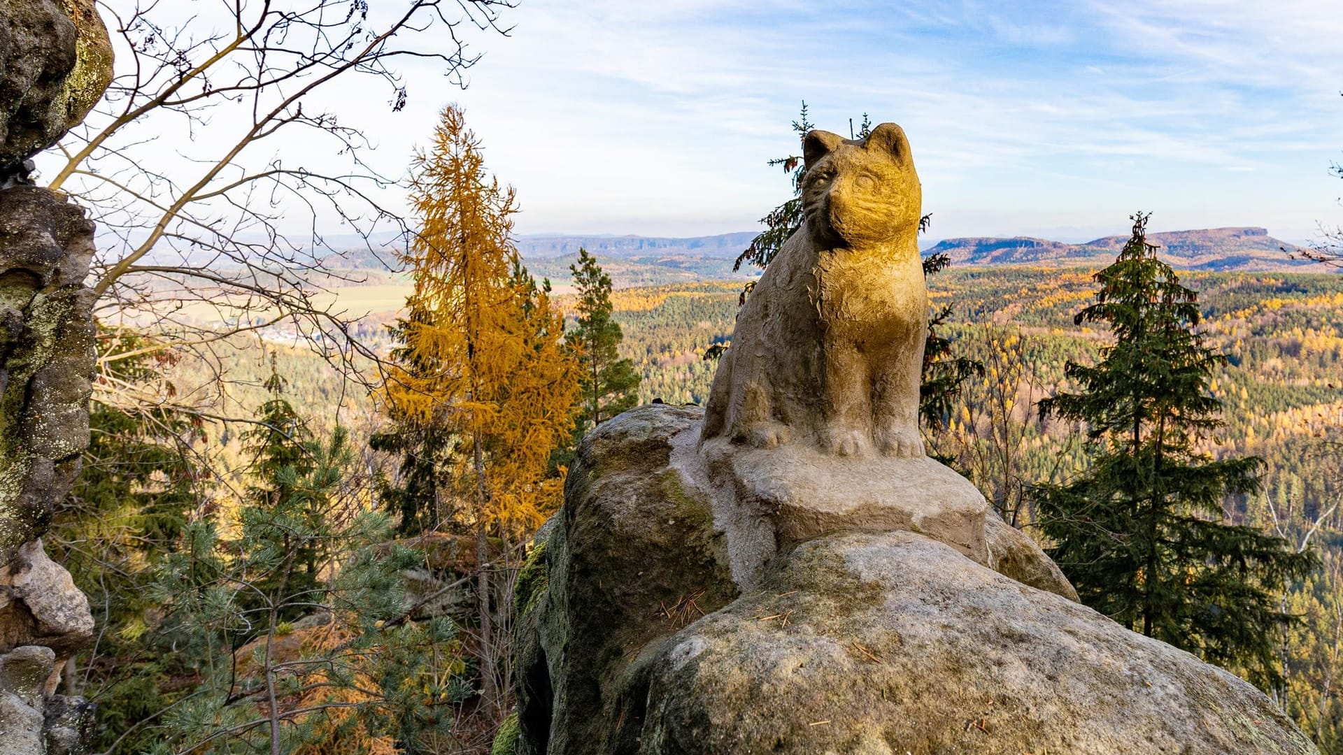 Auf einer Felskanzel wartet seit 2016 eine 50 Zentimeter hohe Katze aus Beton: Das erste Highlight des Rundwanderwegs.