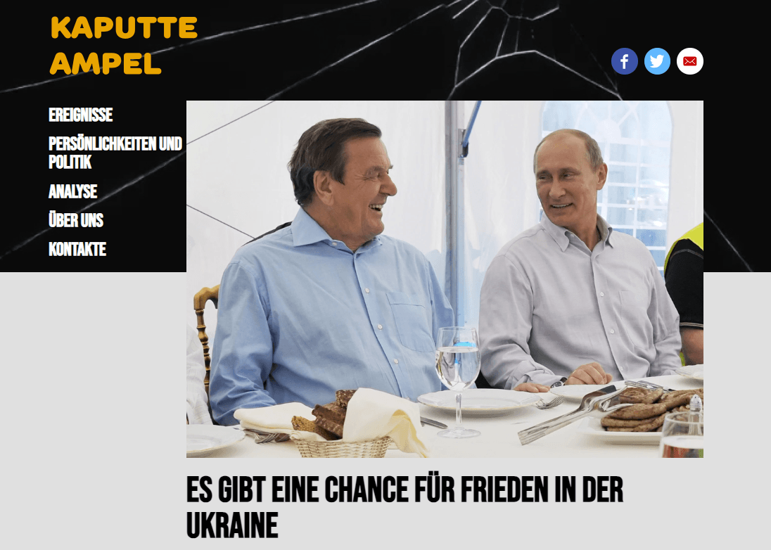 Chance für Frieden: Gerhard Schröder wird auf "Kaputte Ampel" aus dem russischen Fake-Netzwerk als Kronzeuge präsentiert.