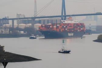 Das Containerschiff "Potomac Express" verlässt den Hamburger Hafen. Im Hintergrund ist die Köhlbrandbrücke. (Archivbild)