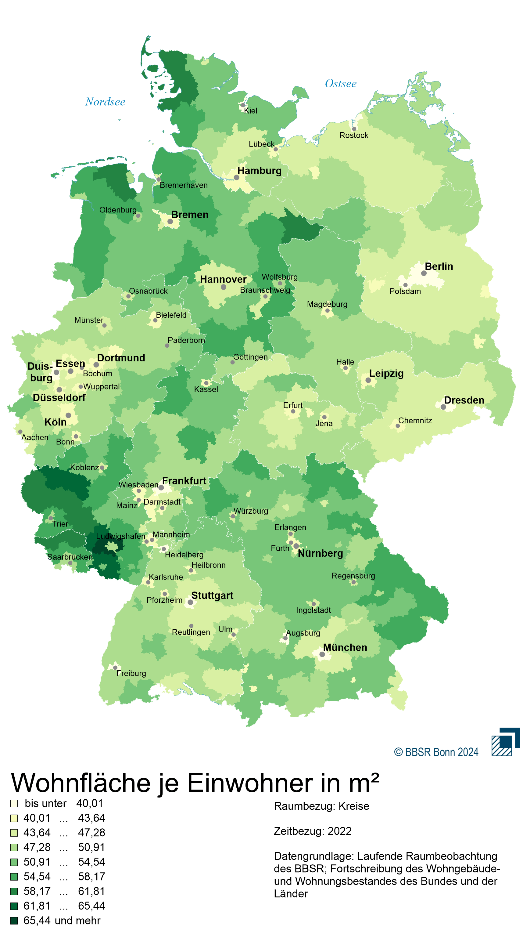 Die Deutschlandkarte zeigt: In den Großstädten haben die Menschen tendenziell weniger Platz.