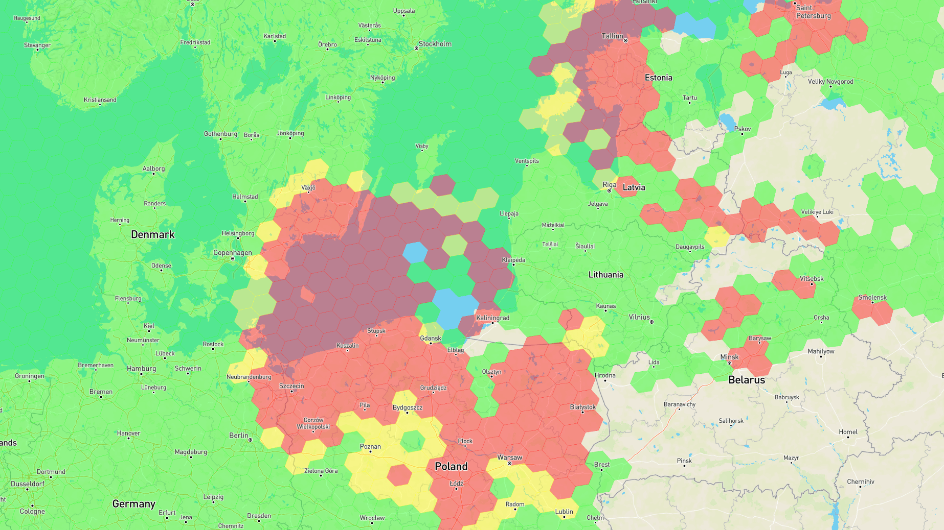 GPS-Störungen in weiten Teilen des Ostseeraums am 16. März 2024: Auf der Internetseite gpsjam.org werden solche Störungen kartiert.