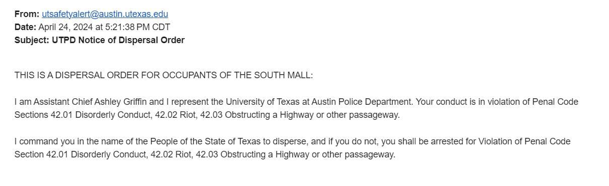 E-Mail-Aufforderung des Polizeichefs an die Studierenden von Austin.