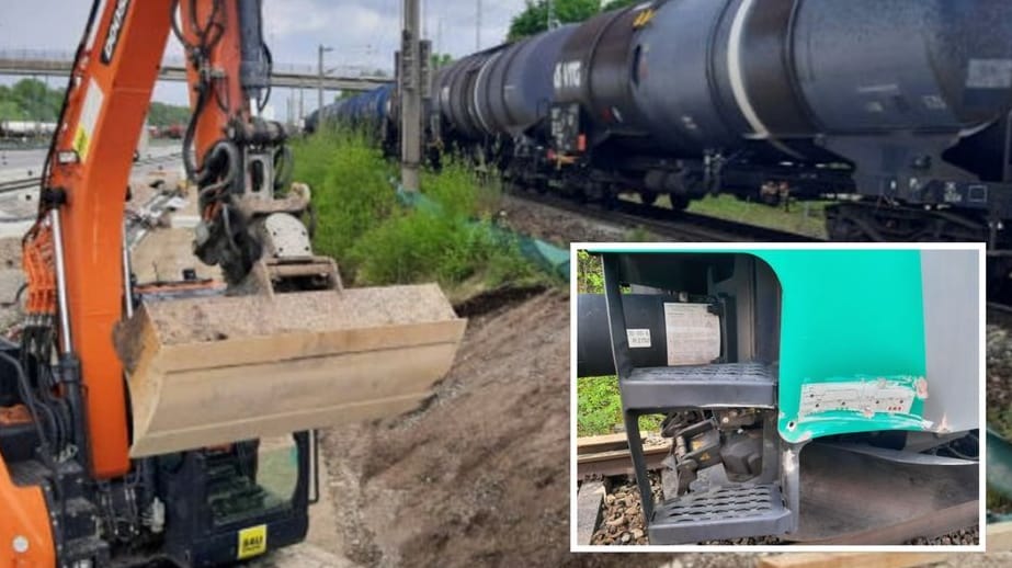 Eine Delle an der Außenseite (kleines Bild): Am Rangierbahnhofes Nord touchierte bei Bauarbeiten ein Bagger-Schwenkarm, wie dieser links (Sybmbolbild), einen Güterzug.