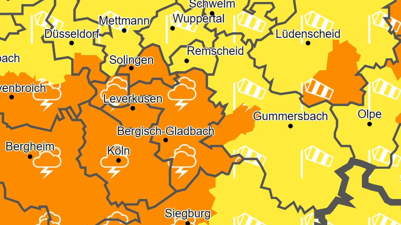 Warnkarte des Deutschen Wetterdienstes: Warnstufe zwei von vier (orange) in Köln.