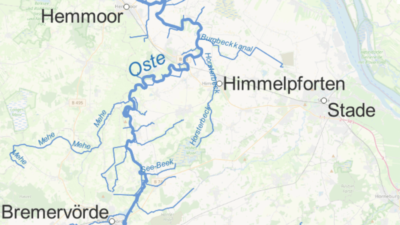 Flusssystem der Oste: Allein von Bremervörde in Richtung Elbmündung speist das Gewässer zahlreiche Nebenflüsse.
