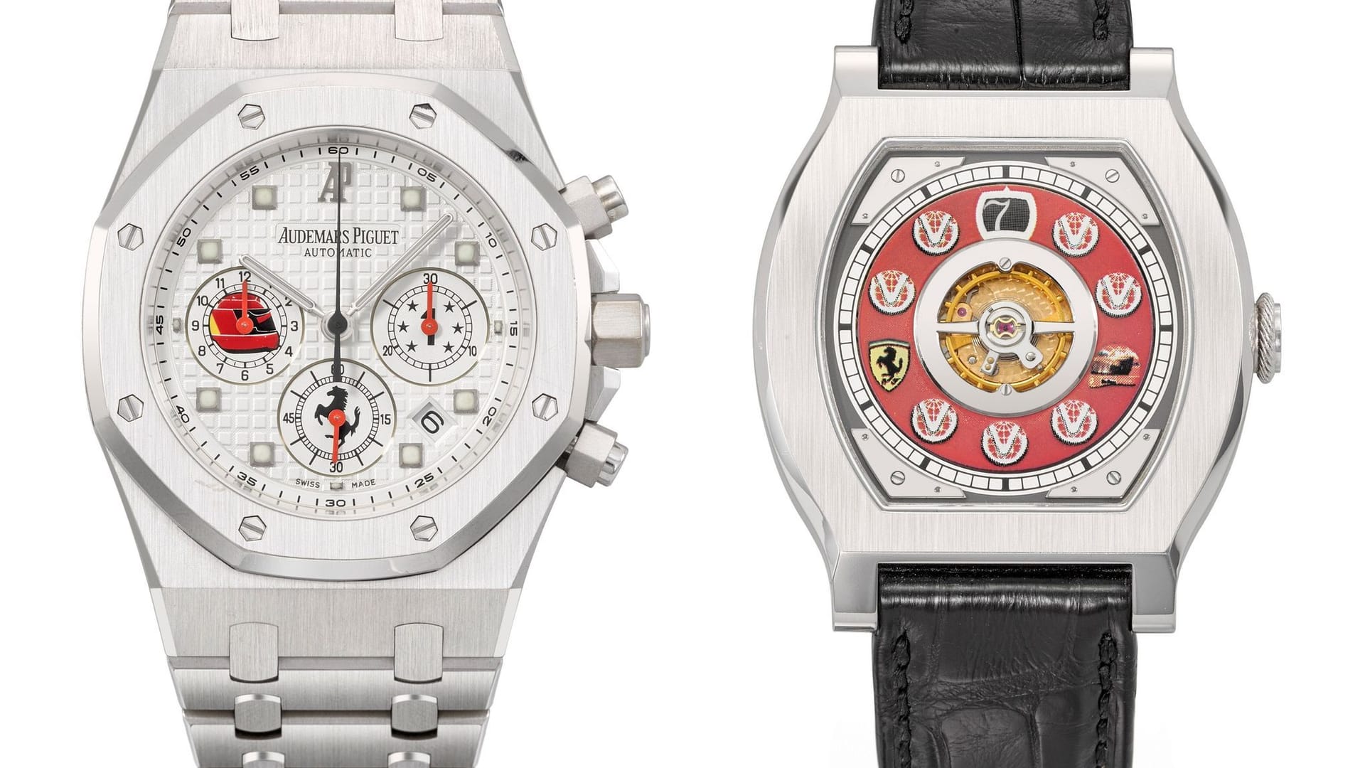 In der Auktion: Ein Audemars Piguet Royal Oak-Chronograph (l) und die Journe Vagabondage 1 Model-Uhr, beide aus dem Besitz von Michael Schumacher.