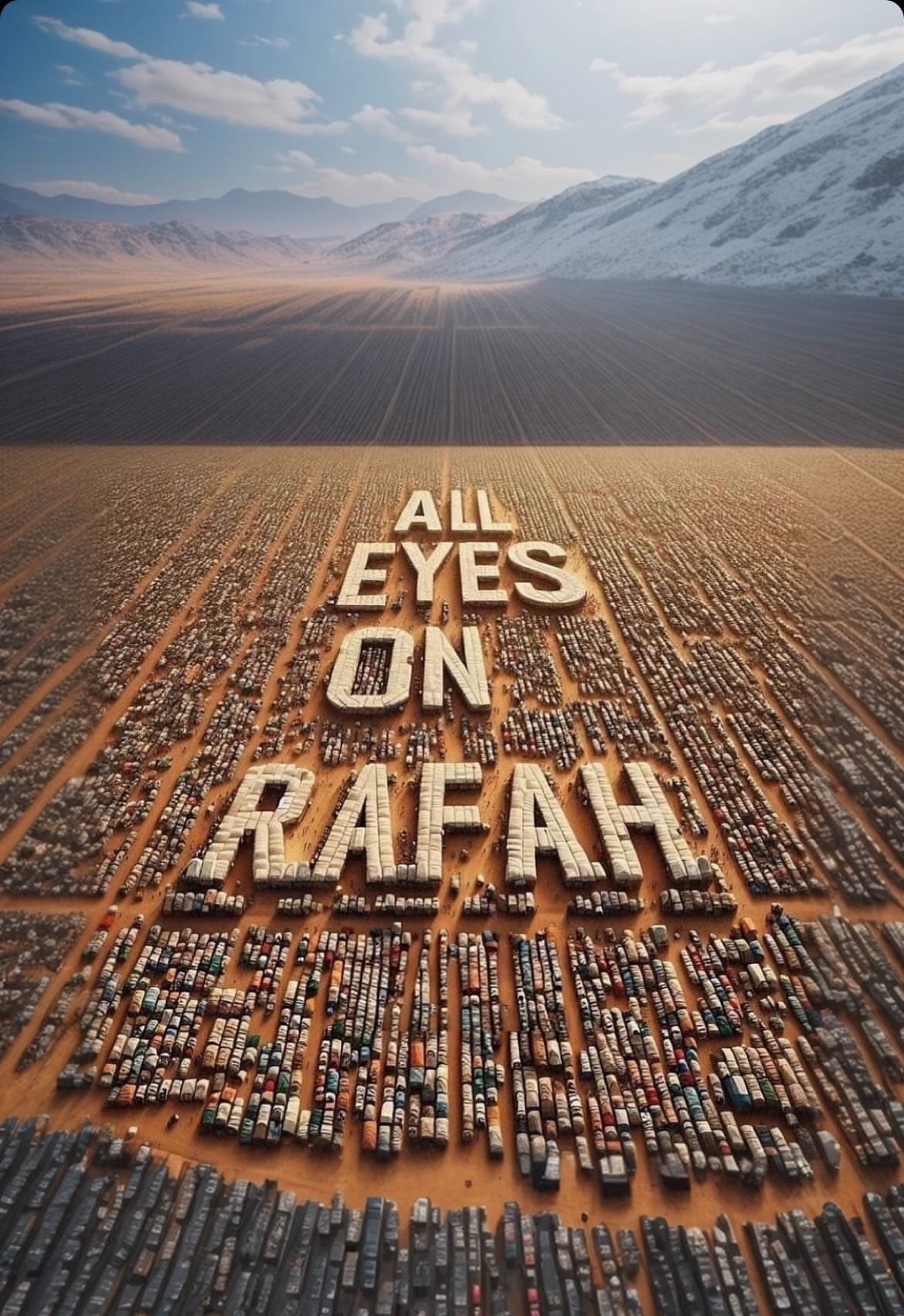 "All Eyes on Rafah": Eine KI-generierte Zeltstadt reicht bis zum Fuß schneebedeckter Berge. Mit der Realität hat das nichts zu tun.