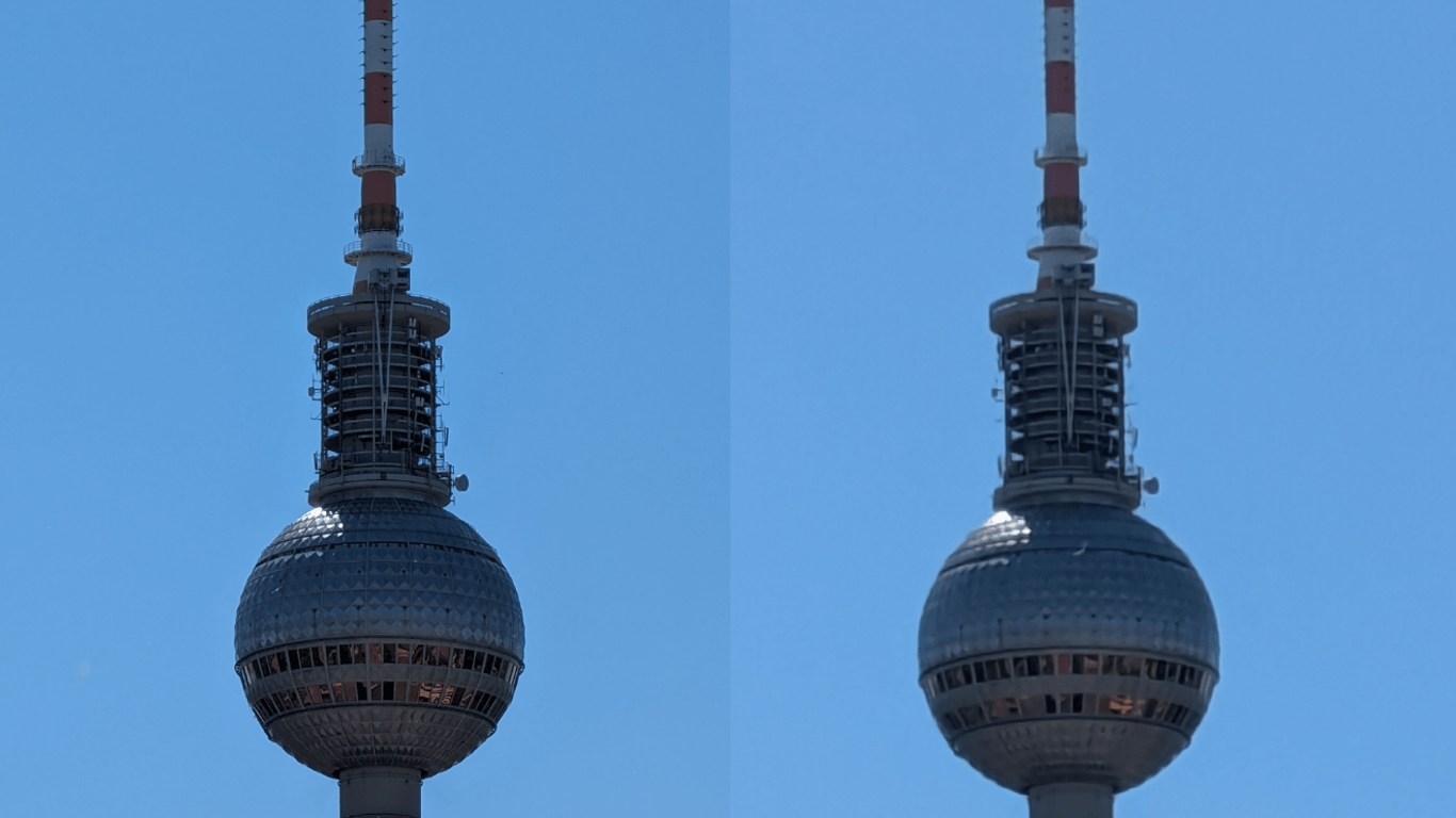 Der Berliner Fernsehturm aus 925 Meter Entfernung: Beim Foto des Pixel 8a (rechts) verschwimmen bei maximalem Zoom die Details etwas (Foto links: Pixel 8 Pro).