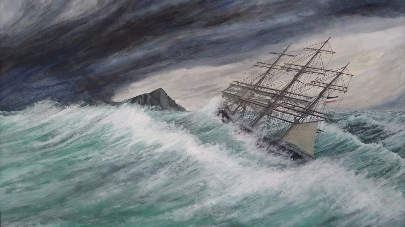 Das Gemälde "Susanna" vor Kap Horn" von Matthias Wunsch: Das Schiff kämpft im Sturm.