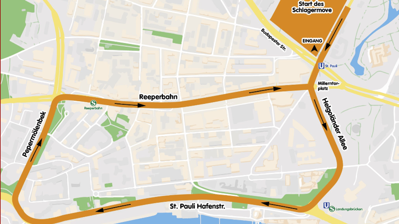 Die Route des Schlagermoves führt vom Heiligengeistfeld unter anderem entlang des Elbufers und zur Reeperbahn.