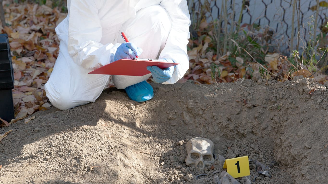 Ermittler untersuchen einen Totenschädel (Archivbild): Die Polizei hofft, durch einen DNA-Abgleich die Identität des Toten klären zu können.
