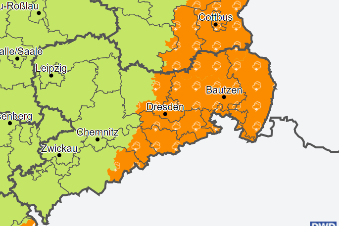 Im orange-markierten Gebiet werden am Dienstagmorgen starke Gewitter erwartet.