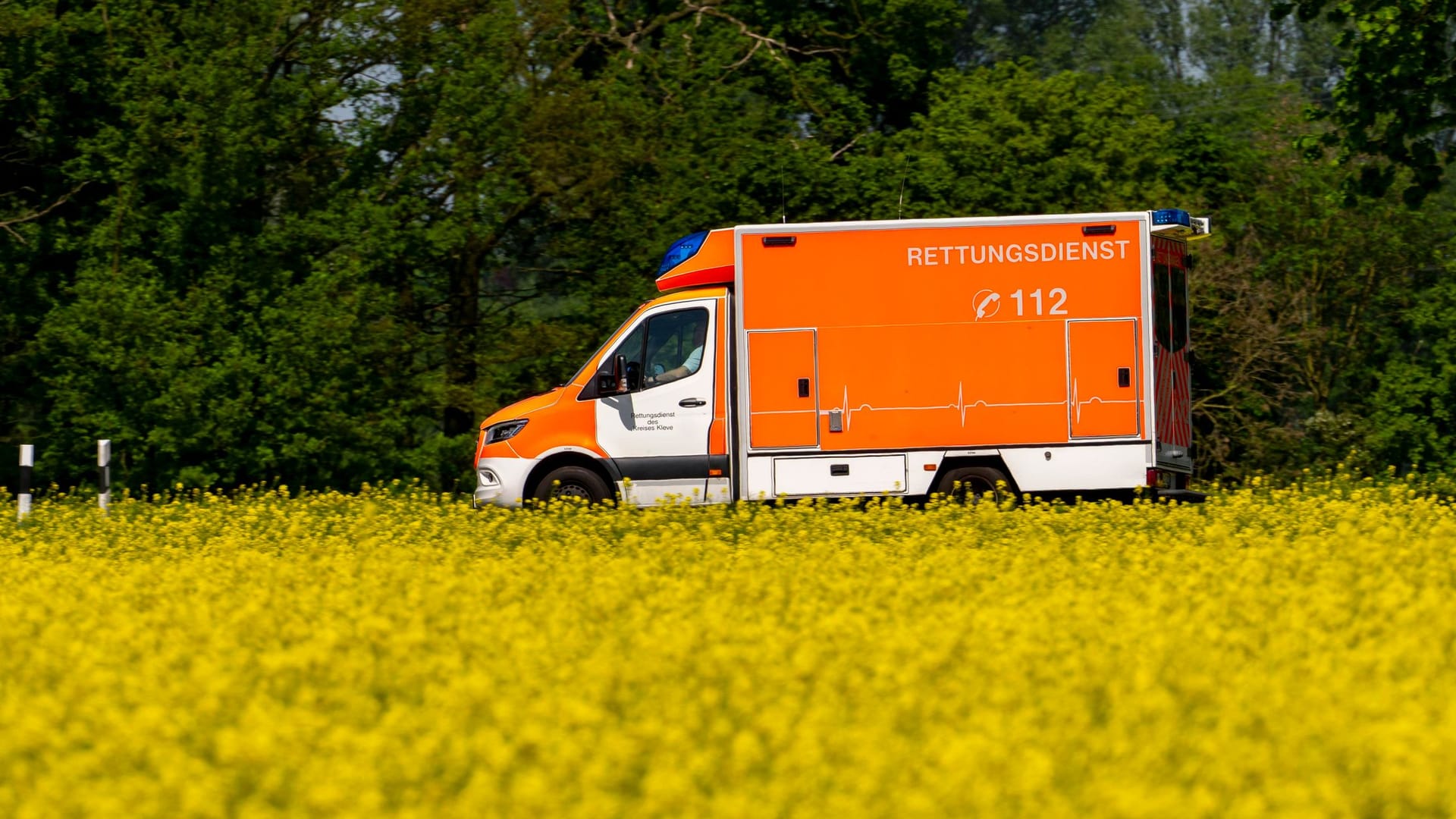 Ein Rettungswagen auf einer Landstraße (Symbolbild): Im Landkreis Kassel starben am Donnerstagabend zwei Menschen bei einem Unfall.