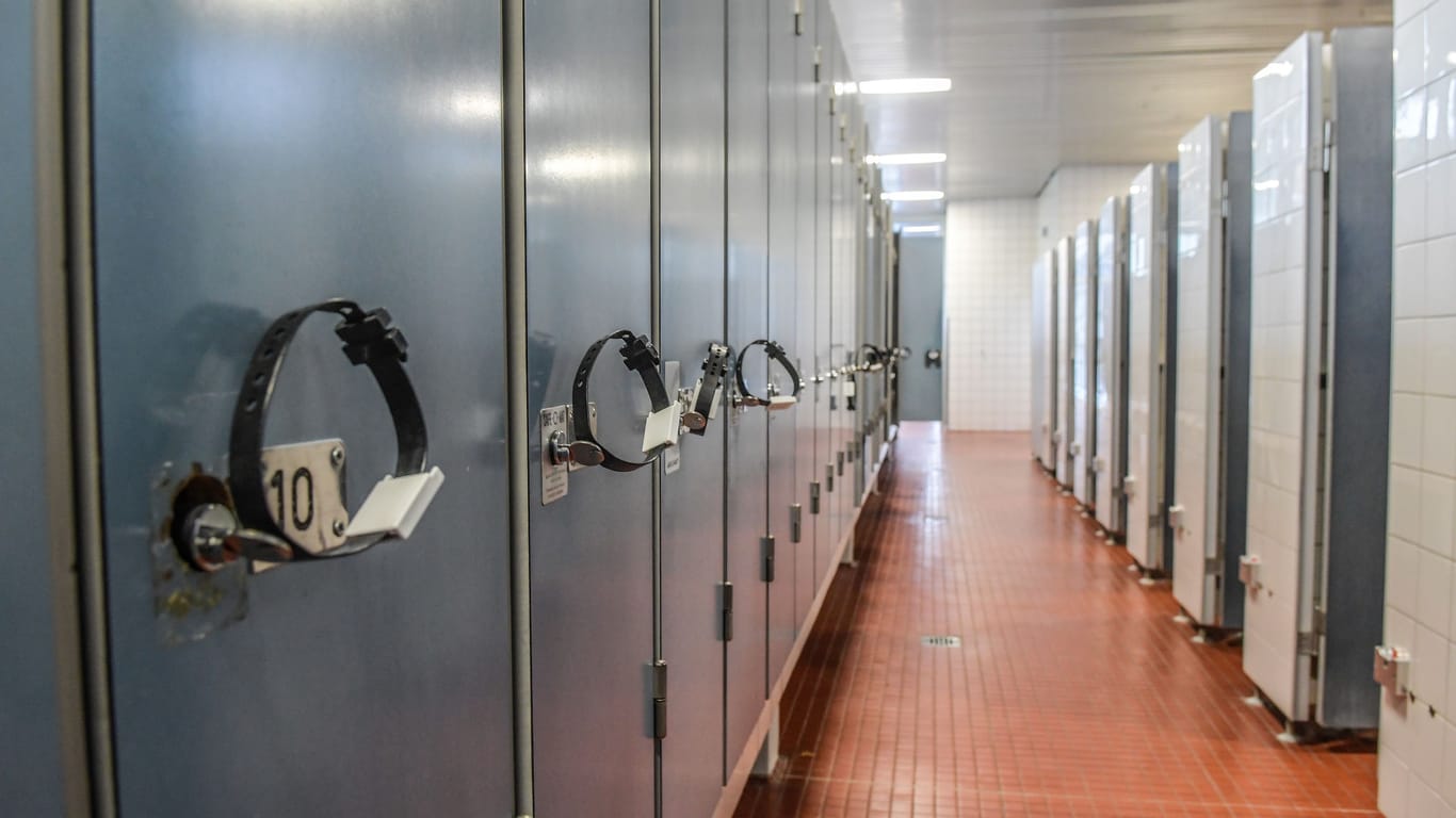 Spinde und Umkleidekabinen in einem Schwimmbad (Symbolbild): Der Bademeister hielt den Verdächtigen bis zum Eintreffen der Polizei fest.