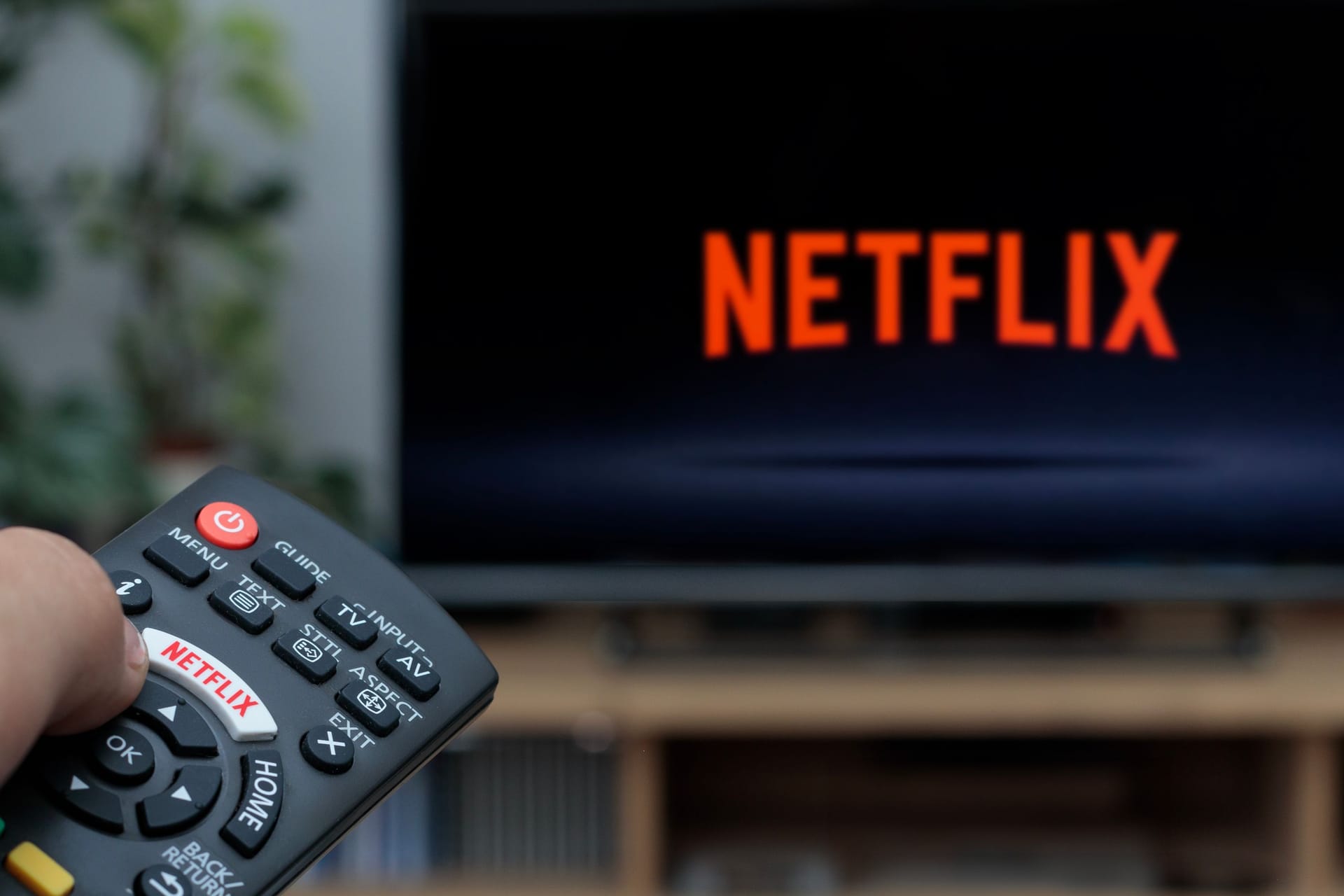 Person holding a TV remote controller displaying the Netflix logo with the Netfl