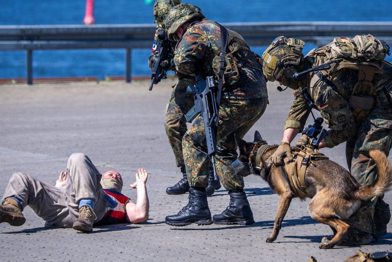 Soldaten nehmen bei einer Übung im Seehafen einen angenommenen Angreifer fest: Reservisten proben Ernstfall bei Nato-Übung.