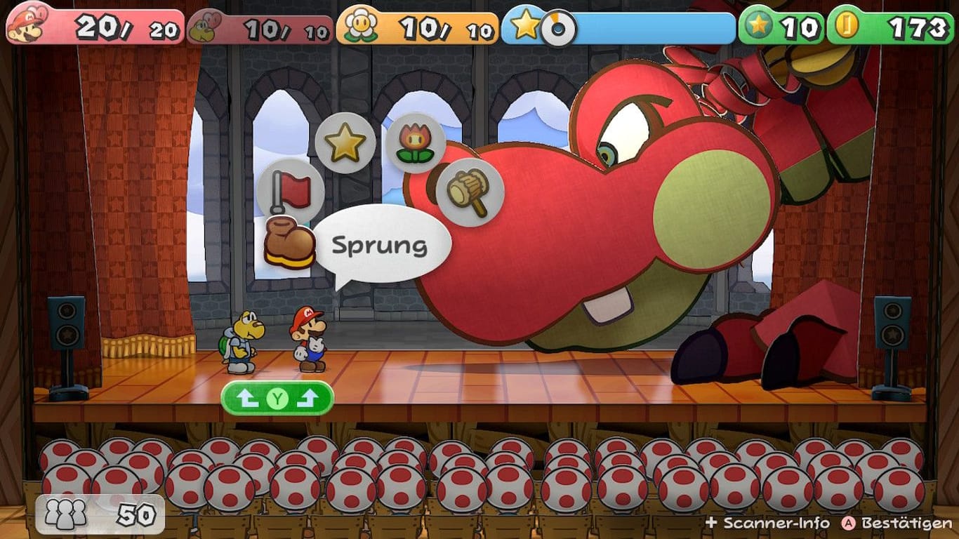 Mario muss sich mit seinen Begleitern kleinen und großen Gefahren stellen, um die rundenbasierten Kämpfe zu meistern.